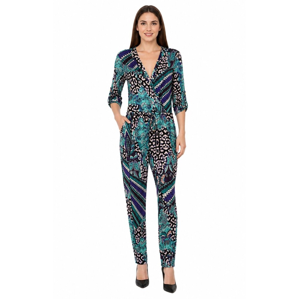 bebe Surplice Geometric Abstract Printed Jumpsuit Women's M 3/4 Sleeve Roll Tab